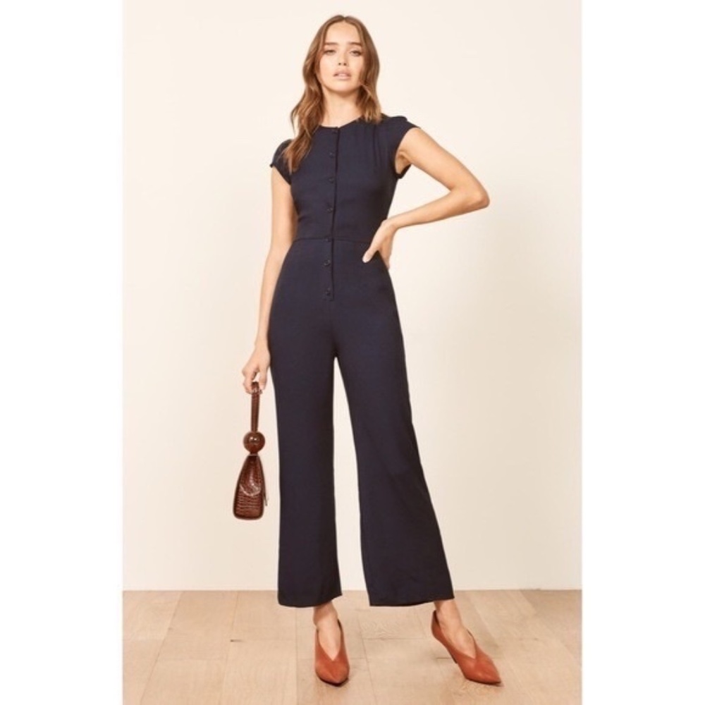 Reformation Navy Cap-Sleeve Wide-Leg Jumpsuit